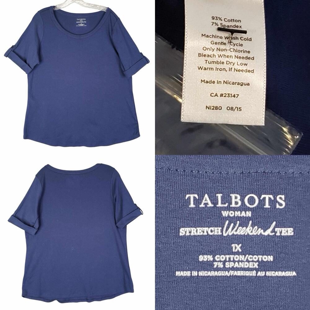 Talbots Tee Shirt Weekend Stretch Short Sleeve Plus Size 1X Cotton Navy Blue